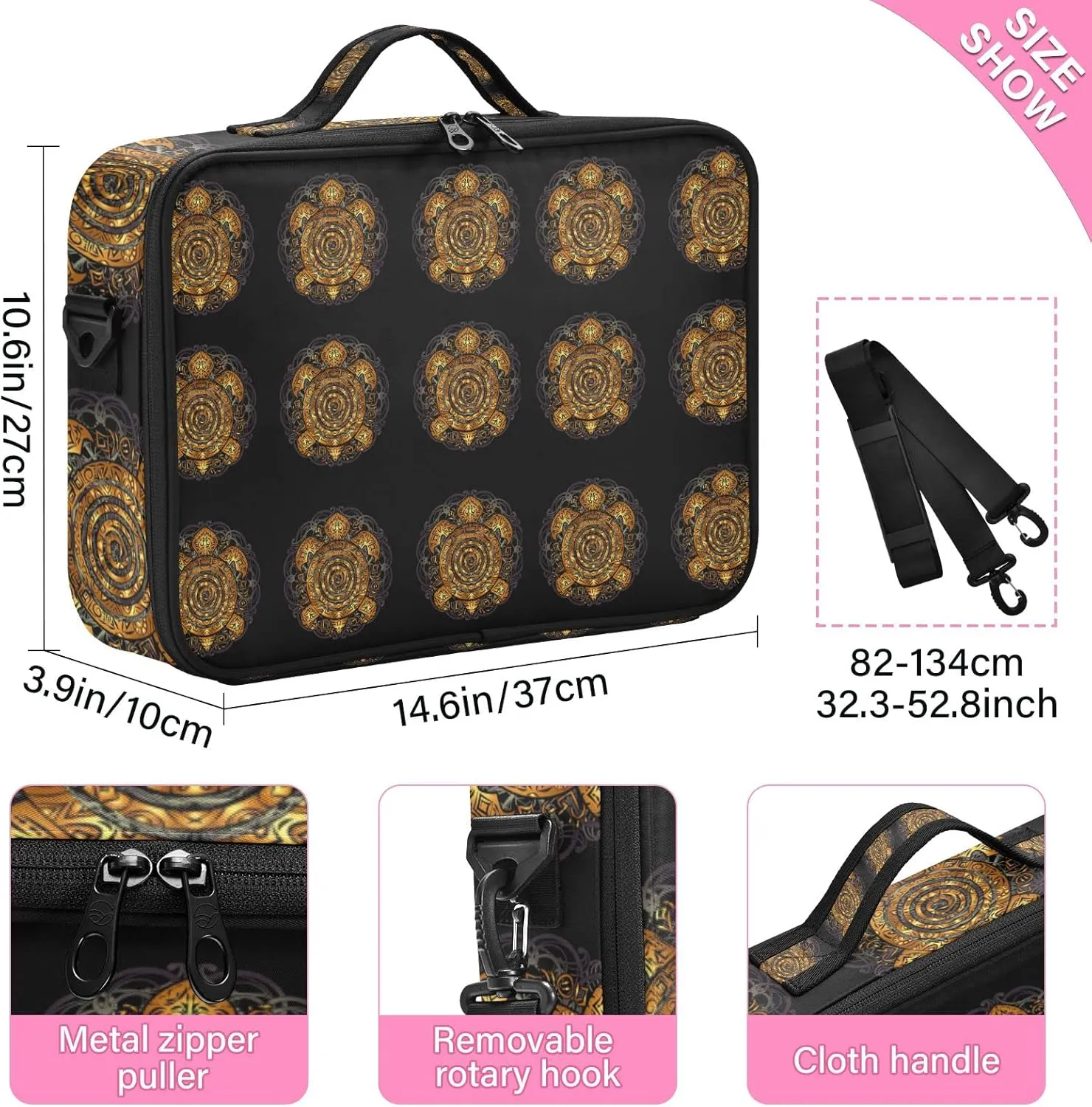 Polynesian Golden Tribal Sea Turtle Tattoo on Black Toned Maori Women's Portable Makeup Bag with Handle, Cosmetic Bag, Adjustable Dividers, Travel Cosmetic Toiletry Storage Organizer for women