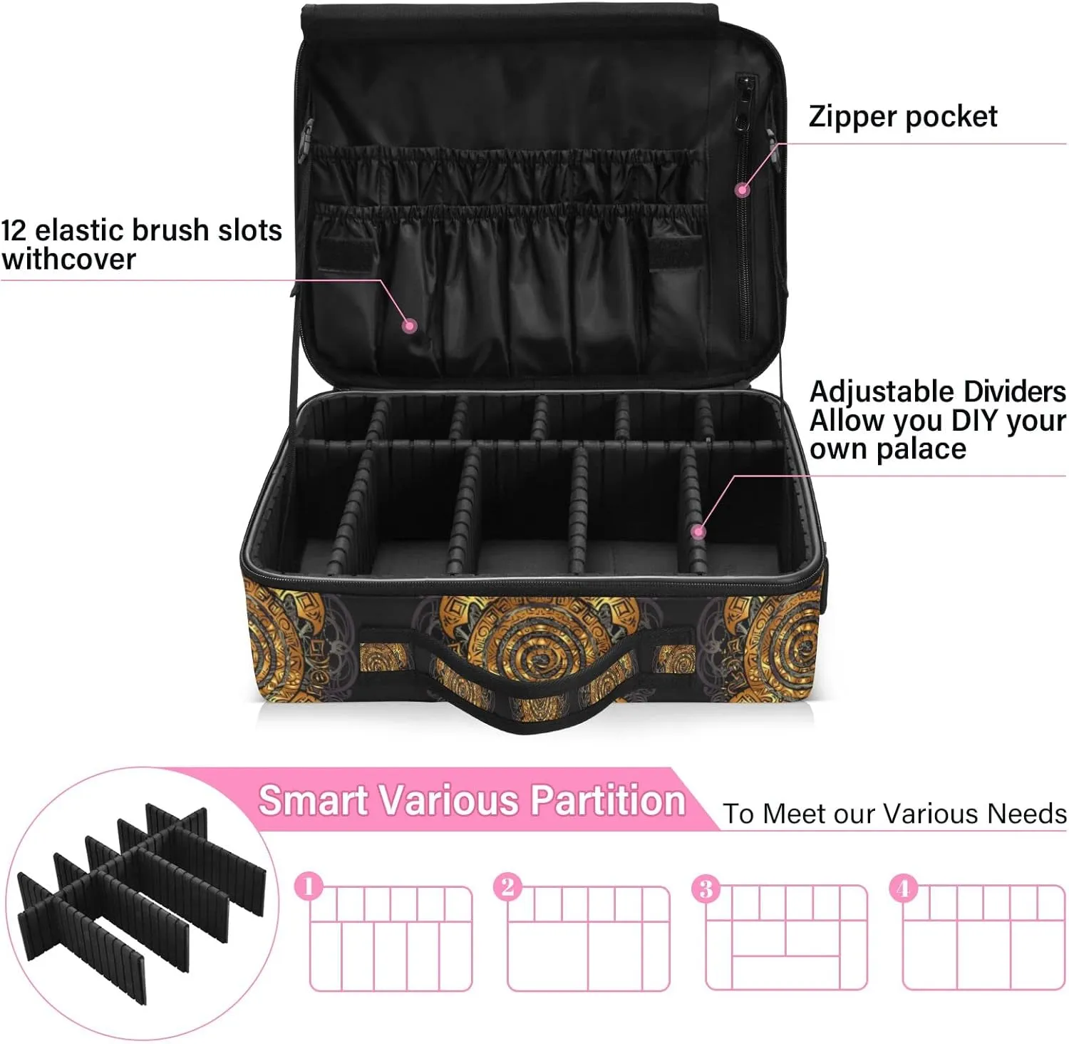 Polynesian Golden Tribal Sea Turtle Tattoo on Black Toned Maori Women's Portable Makeup Bag with Handle, Cosmetic Bag, Adjustable Dividers, Travel Cosmetic Toiletry Storage Organizer for women