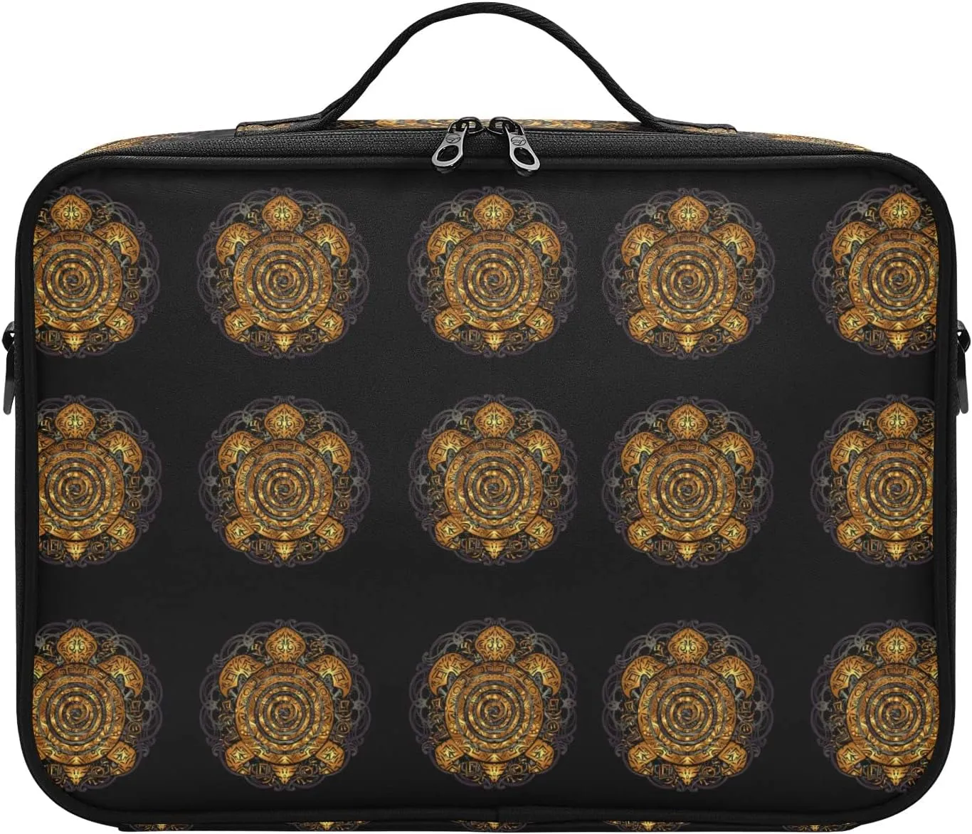 Polynesian Golden Tribal Sea Turtle Tattoo on Black Toned Maori Women's Portable Makeup Bag with Handle, Cosmetic Bag, Adjustable Dividers, Travel Cosmetic Toiletry Storage Organizer for women