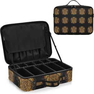 Polynesian Golden Tribal Sea Turtle Tattoo on Black Toned Maori Women's Portable Makeup Bag with Handle, Cosmetic Bag, Adjustable Dividers, Travel Cosmetic Toiletry Storage Organizer for women