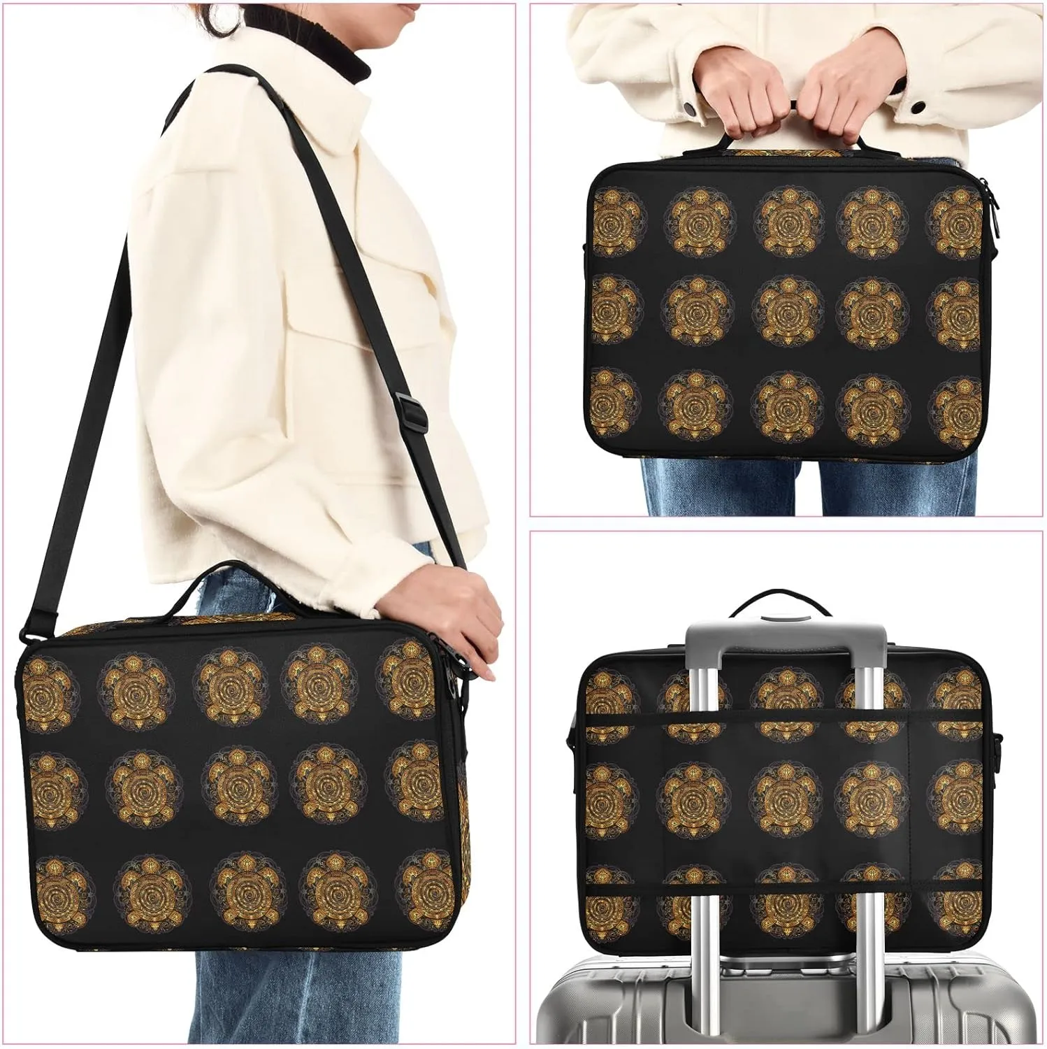 Polynesian Golden Tribal Sea Turtle Tattoo on Black Toned Maori Women's Portable Makeup Bag with Handle, Cosmetic Bag, Adjustable Dividers, Travel Cosmetic Toiletry Storage Organizer for women