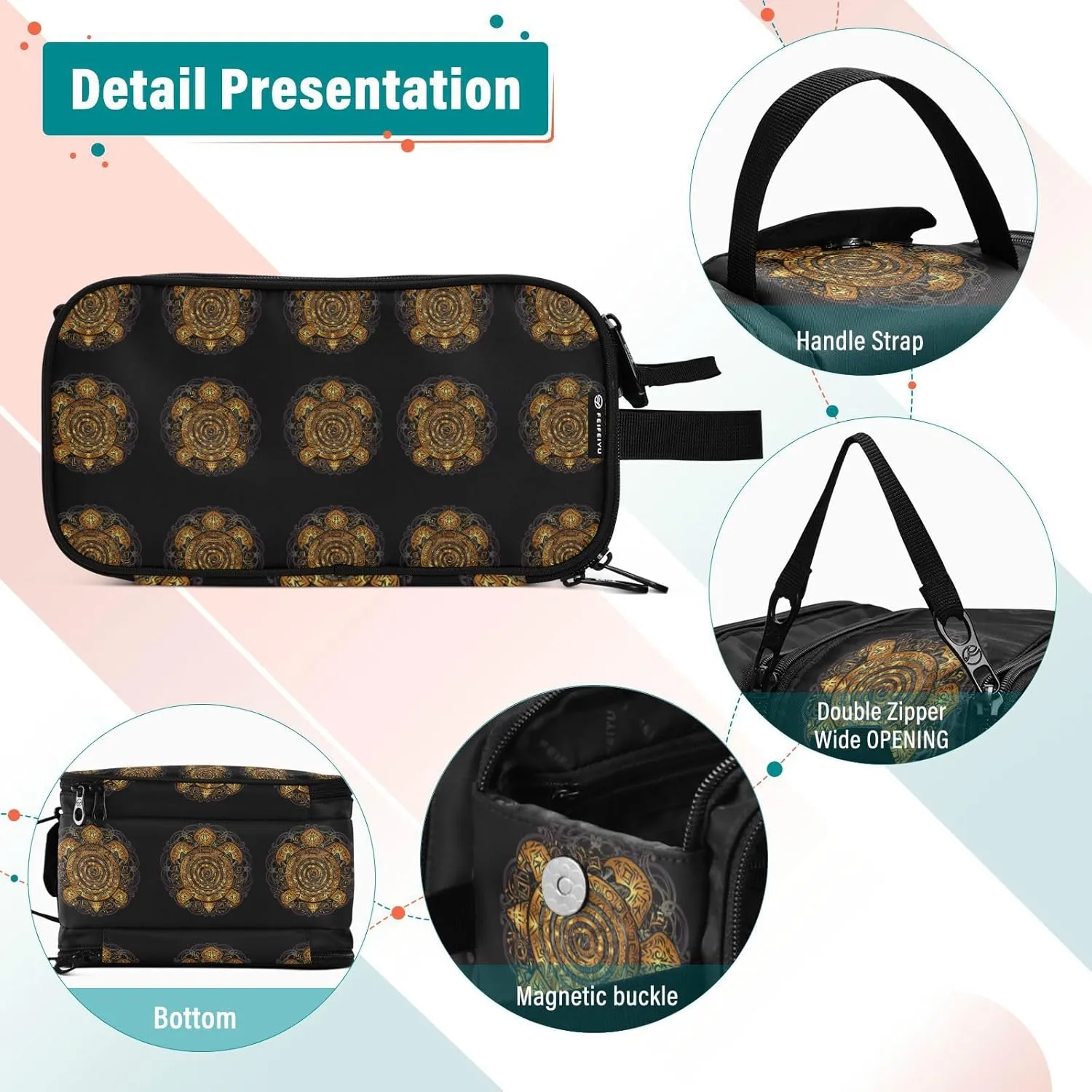 Polynesian Golden Tribal Sea Turtle Tattoo on Black Toned Maori Women's Portable Makeup Bag with Handle, Cosmetic Bag, Travel Cosmetic Bag Durable Toiletry Storage Organizer 11 x 7 x 5.7 inch