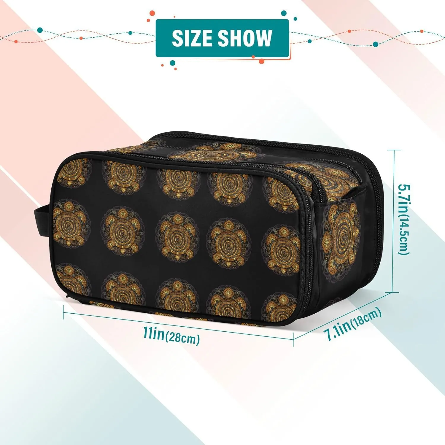 Polynesian Golden Tribal Sea Turtle Tattoo on Black Toned Maori Women's Portable Makeup Bag with Handle, Cosmetic Bag, Travel Cosmetic Bag Durable Toiletry Storage Organizer 11 x 7 x 5.7 inch
