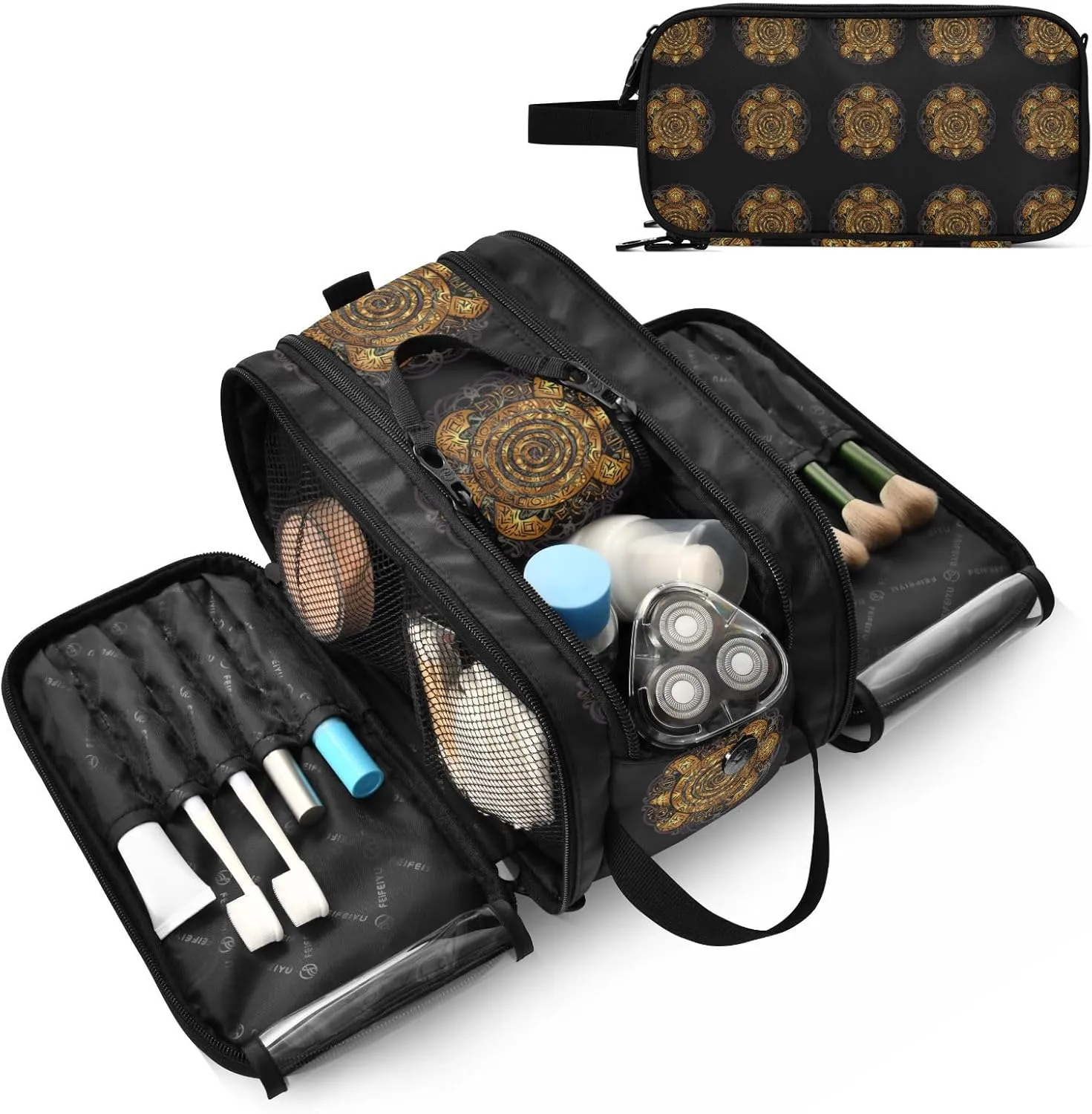Polynesian Golden Tribal Sea Turtle Tattoo on Black Toned Maori Women's Portable Makeup Bag with Handle, Cosmetic Bag, Travel Cosmetic Bag Durable Toiletry Storage Organizer 11 x 7 x 5.7 inch