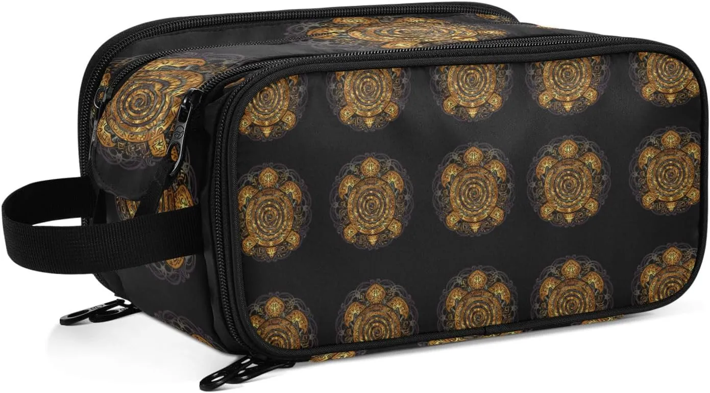Polynesian Golden Tribal Sea Turtle Tattoo on Black Toned Maori Women's Portable Makeup Bag with Handle, Cosmetic Bag, Travel Cosmetic Bag Durable Toiletry Storage Organizer 11 x 7 x 5.7 inch