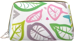 Portable Leather Makeup Bag for Women - Travel Cosmetic Organizer, Large Coloured foliage lines Print Makeup Pouch
