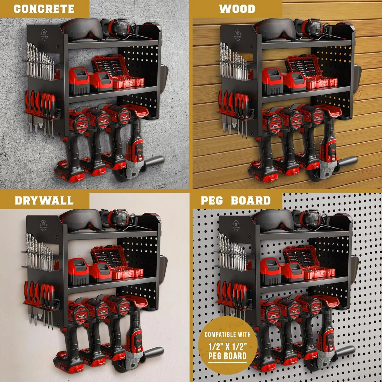 Power Tool Organizer Wall Mount - 3-Tier Heavy-Duty Metal Hand Tool Storage Rack, Utility Racks, Drill Holder, PegBoard Side, & More - Garage Storage Cordless Tool Organizer (Black)
