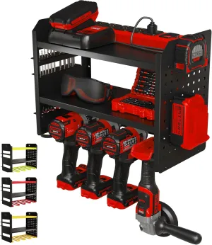 Power Tool Organizer Wall Mount - 3-Tier Heavy-Duty Metal Hand Tool Storage Rack, Utility Racks, Drill Holder, PegBoard Side, & More - Garage Storage Cordless Tool Organizer (Black)