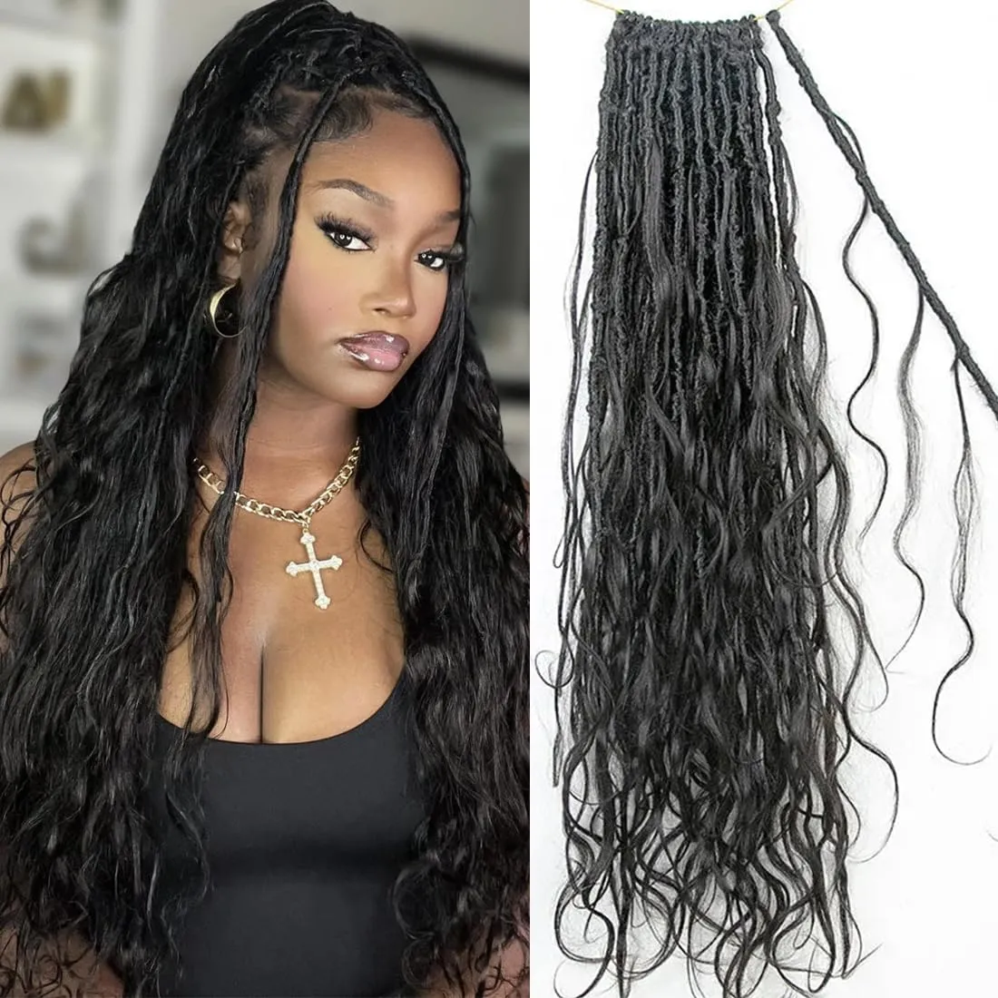 Pre-looped Crochet Boho Faux Locs With Human Hair Curls Body Wave Human Hair Goddess Faux Locs Crochet Hair Curly Ends for Black Women Natural Color 22inch 72 Locs