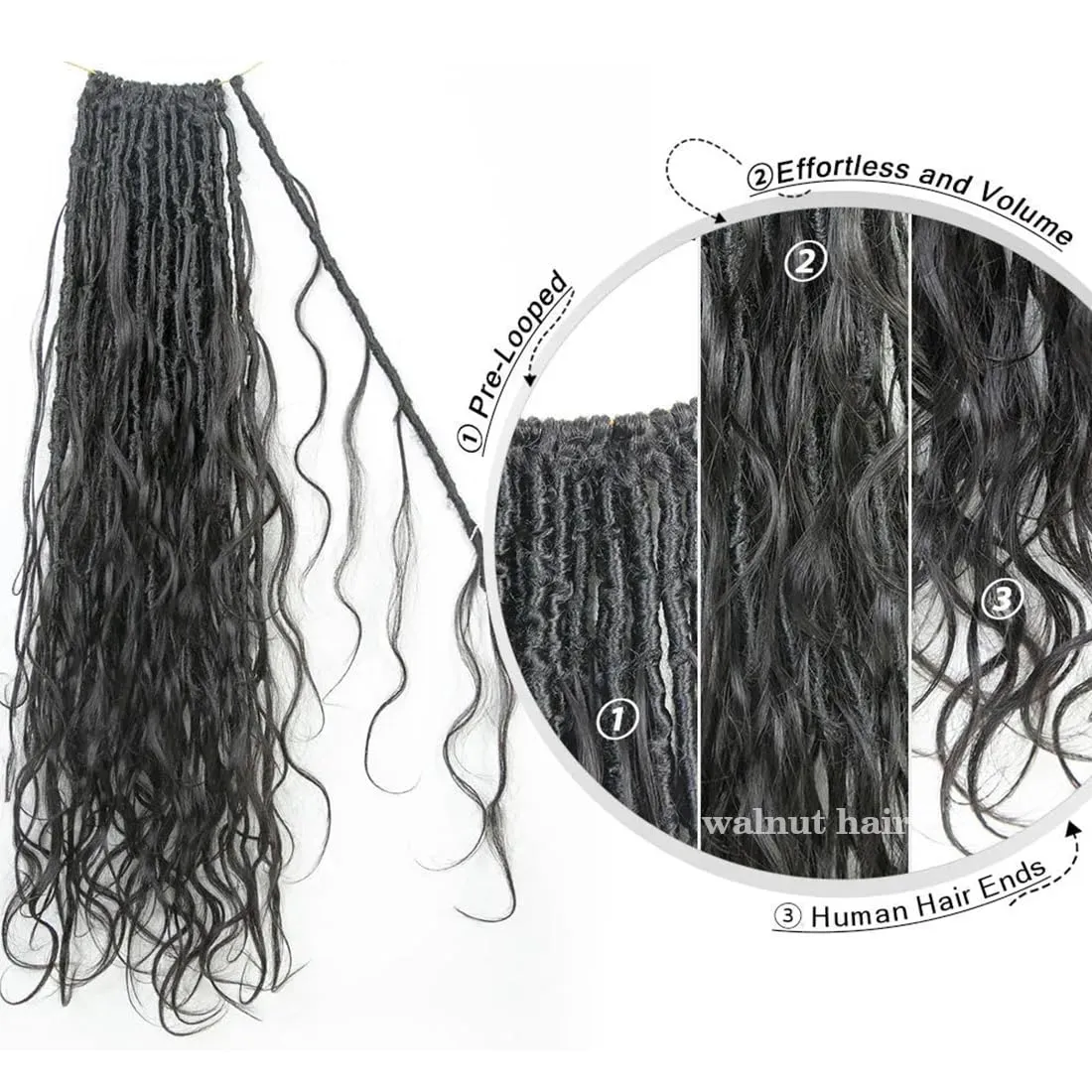Pre-looped Crochet Boho Faux Locs With Human Hair Curls Body Wave Human Hair Goddess Faux Locs Crochet Hair Curly Ends for Black Women Natural Color 22inch 72 Locs
