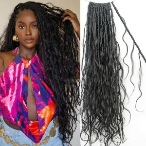 Pre-looped Crochet Boho Faux Locs With Human Hair Curls Body Wave Human Hair Goddess Faux Locs Crochet Hair Curly Ends for Black Women Natural Color 22inch 72 Locs