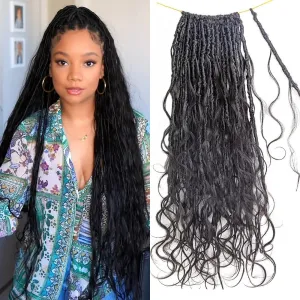Pre-looped Crochet Boho Faux Locs With Human Hair Curls Body Wave Human Hair Goddess Faux Locs Crochet Hair Curly Ends for Black Women Natural Color 22inch 96 Locs