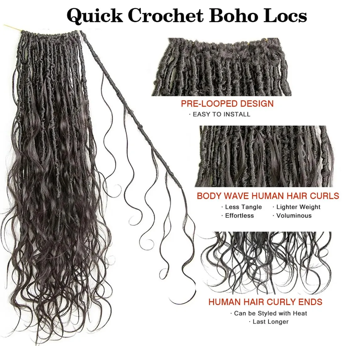 Pre-looped Crochet Boho Faux Locs With Human Hair Curls Body Wave Human Hair Goddess Faux Locs Crochet Hair Curly Ends for Black Women Natural Color 22inch 96 Locs