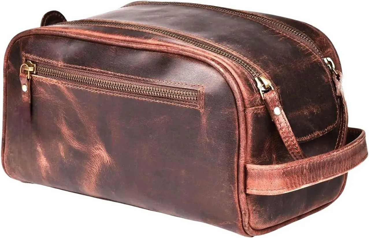 Premium Leather Toiletry Bag Travel Dopp Kit Unisex (King Size) extra 3 Leather items :Shaving Brush Case, Razor Protective Travel Case (Combo of 4 Items)