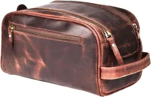 Premium Leather Toiletry Bag Travel Dopp Kit Unisex (King Size) extra 3 Leather items :Shaving Brush Case, Razor Protective Travel Case (Combo of 4 Items)