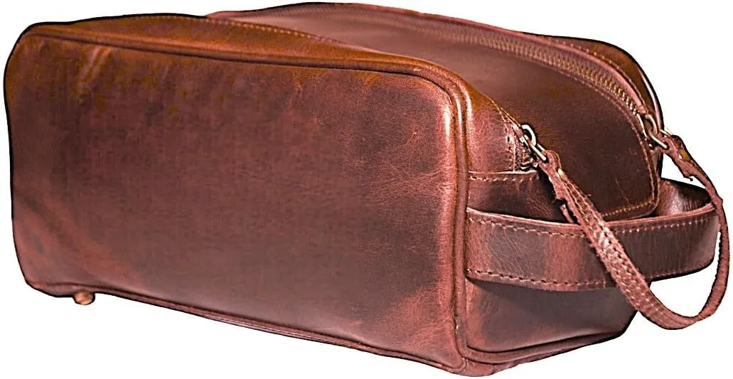 Premium Leather Toiletry Bag Travel Dopp Kit Unisex (King Size) extra 3 Leather items :Shaving Brush Case, Razor Protective Travel Case (Combo of 4 Items)