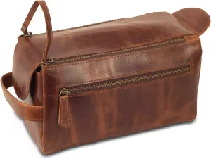 Premium Leather Toiletry Bag Travel Dopp Kit Unisex (King Size) extra 3 Leather items :Shaving Brush Case, Razor Protective Travel Case (Combo of 4 Items)