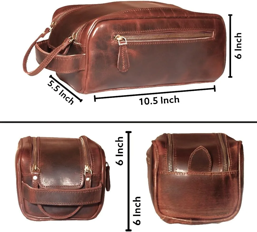 Premium Leather Toiletry Bag Travel Dopp Kit Unisex (King Size) extra 3 Leather items :Shaving Brush Case, Razor Protective Travel Case (Combo of 4 Items)