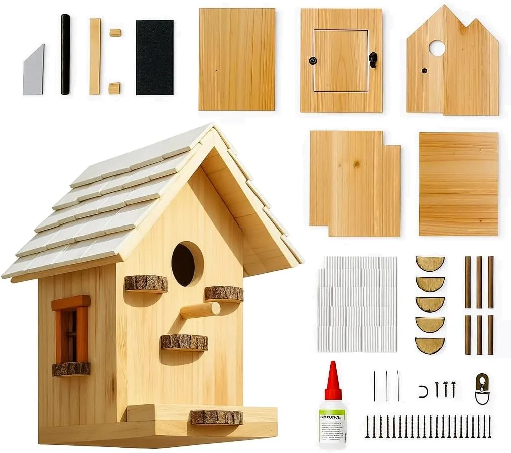 Premium Wooden Bird House Kit - Birdhouse for Outside - Build it Yourself Birdhouse Kits for Adults to Build - Woodworking Adult Crafts & DIY - Easy Open for Cleaning