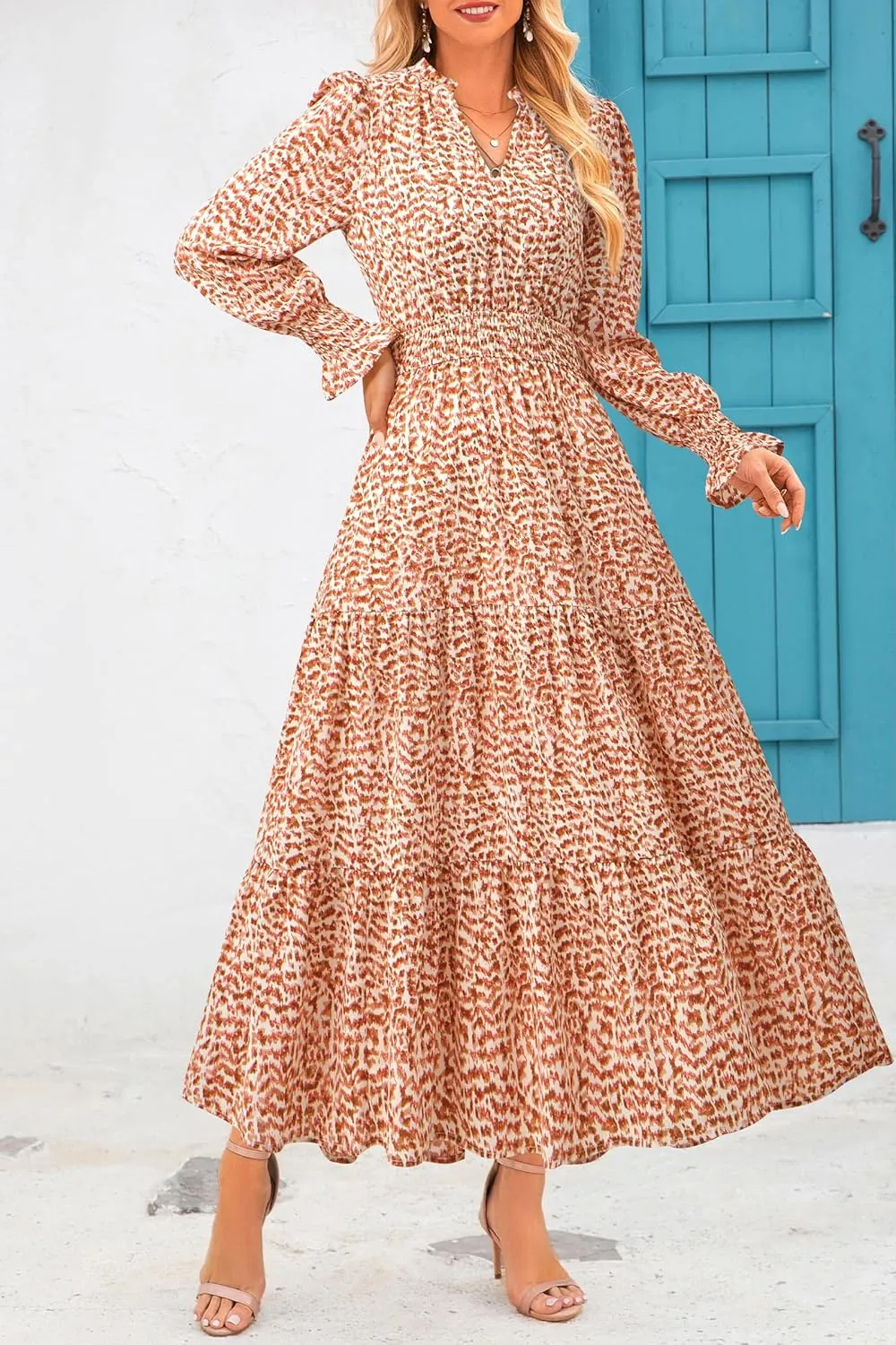 PRETTYGARDEN Women's 2025 Spring Maxi Dress Floral Long Sleeve V Neck Casual A Line Long Flowy Boho Party Dresses