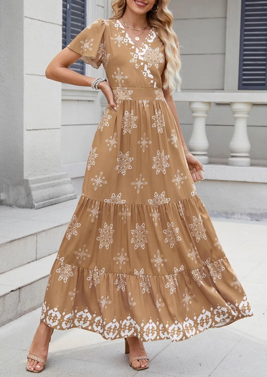 PRETTYGARDEN Womens 2025 Summer Casual V Neck Boho Maxi Dress Flowy Aline Bell Sleeve Tiered Floral Dresses with Pocket