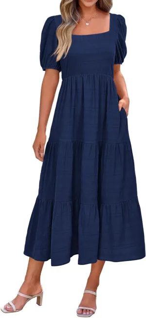 PRETTYGARDEN Women's Summer Dresses 2025 Puff Sleeve Square Neck High Waist Smocked A-Line Flowy Loose Fit Midi Dress
