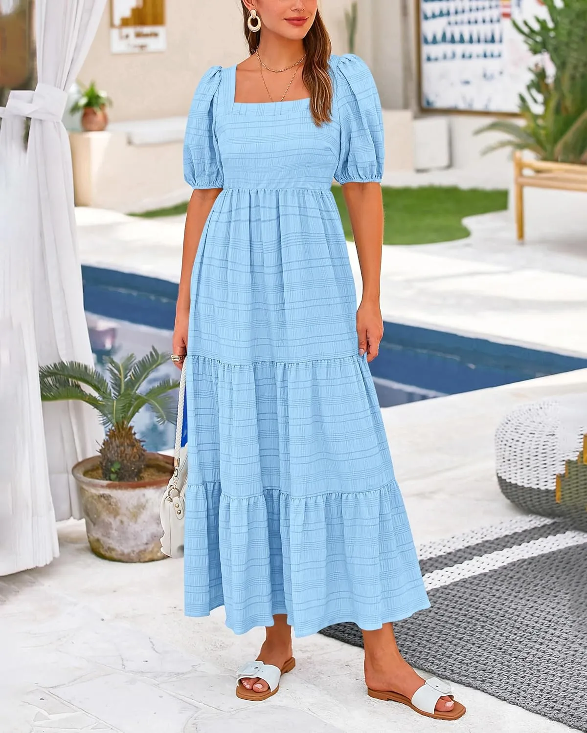 PRETTYGARDEN Women's Summer Dresses 2025 Puff Sleeve Square Neck High Waist Smocked A-Line Flowy Loose Fit Midi Dress