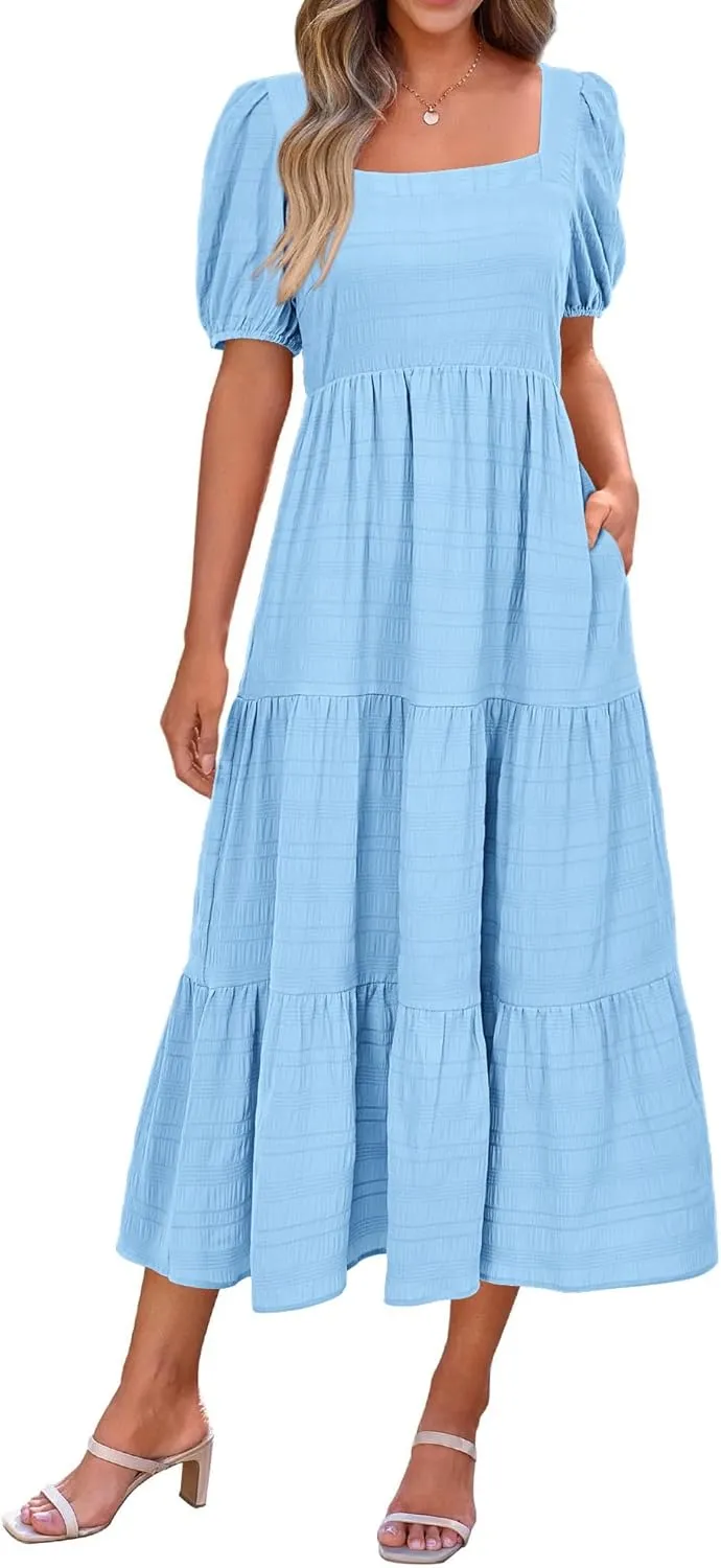 PRETTYGARDEN Women's Summer Dresses 2025 Puff Sleeve Square Neck High Waist Smocked A-Line Flowy Loose Fit Midi Dress