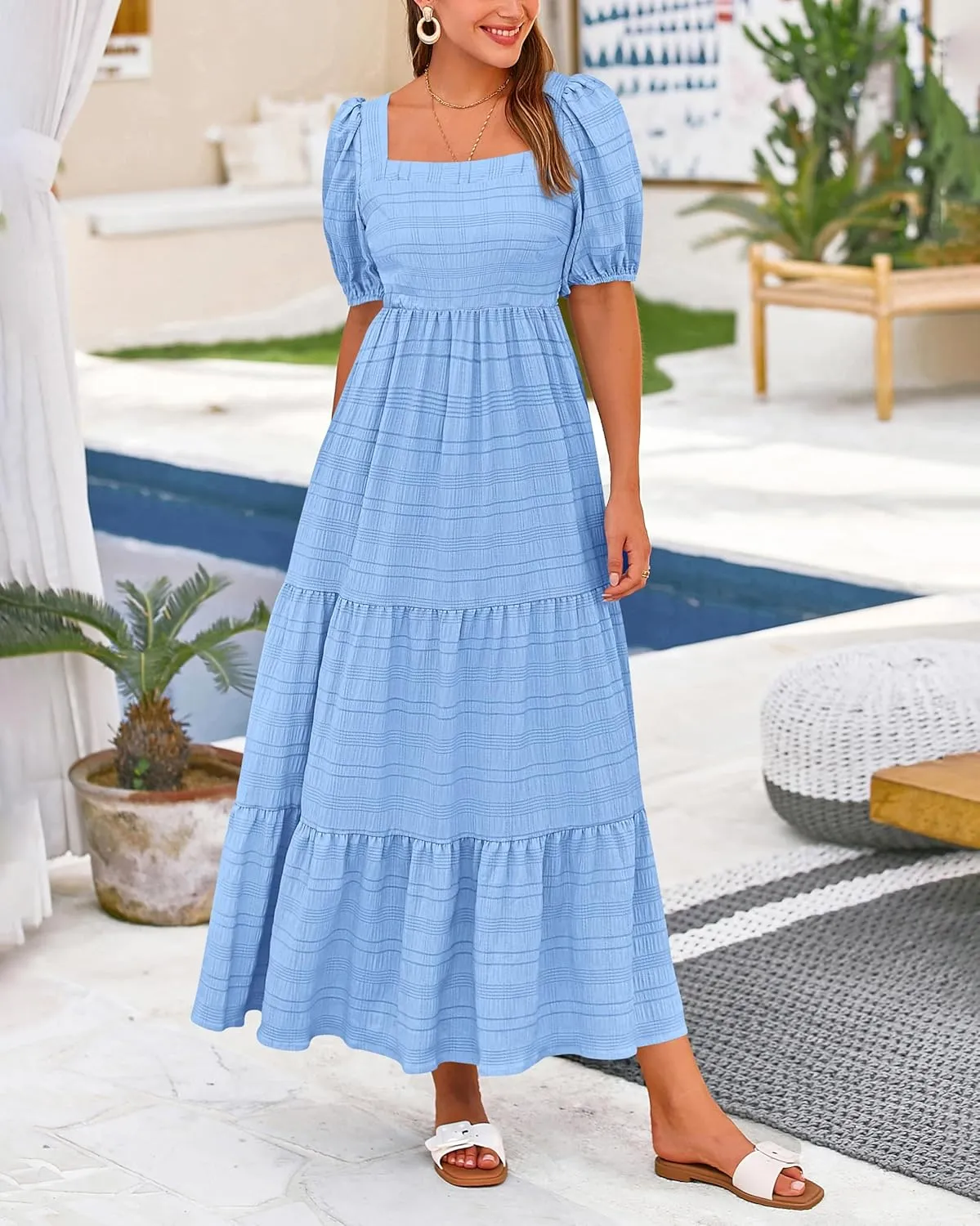 PRETTYGARDEN Women's Summer Dresses 2025 Puff Sleeve Square Neck High Waist Smocked A-Line Flowy Loose Fit Midi Dress