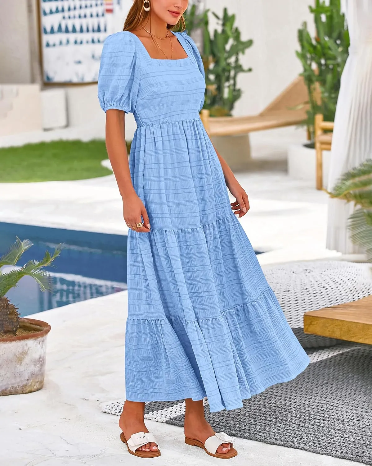 PRETTYGARDEN Women's Summer Dresses 2025 Puff Sleeve Square Neck High Waist Smocked A-Line Flowy Loose Fit Midi Dress