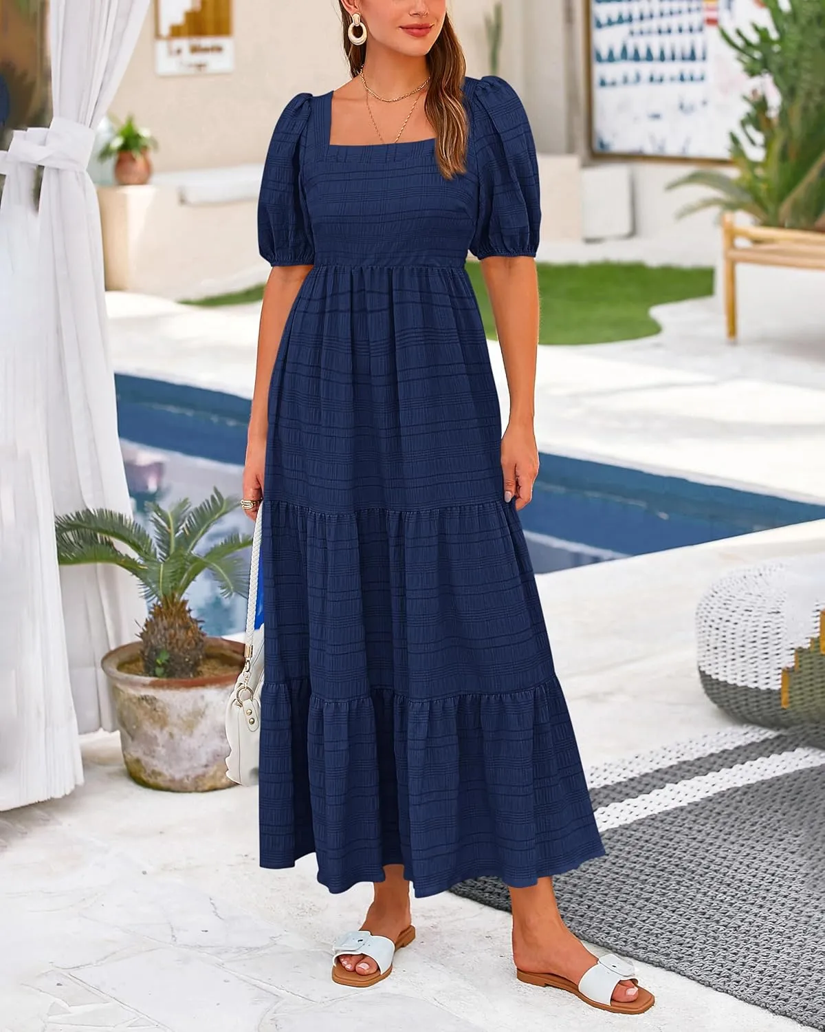 PRETTYGARDEN Women's Summer Dresses 2025 Puff Sleeve Square Neck High Waist Smocked A-Line Flowy Loose Fit Midi Dress