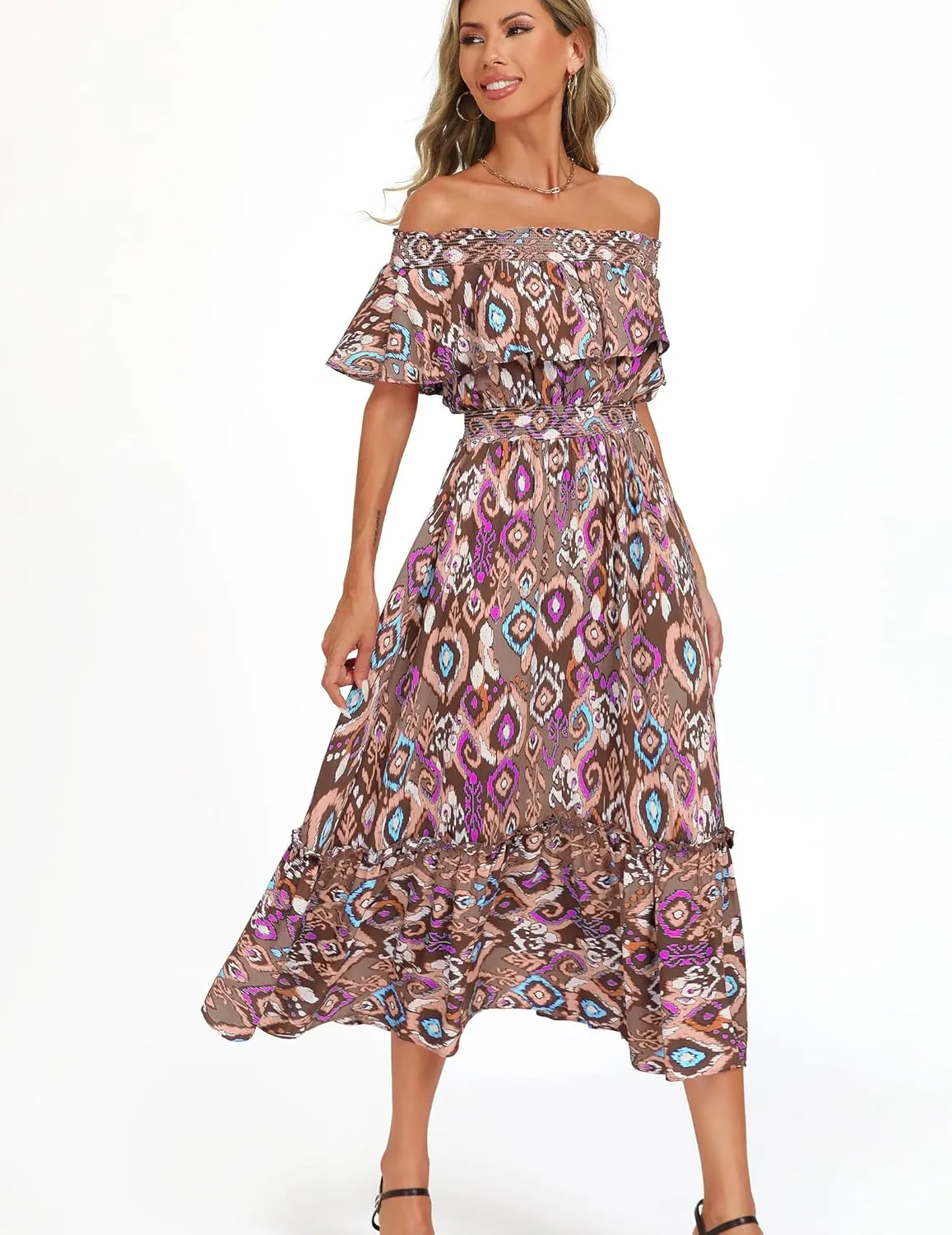 Prettywear Women's 2025 Spring Summer Boho Off Shoulder Midi Dress Floral Short Sleeve A Line Casual Beach Vacation Dresses