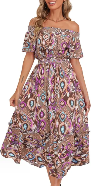 Prettywear Women's 2025 Spring Summer Boho Off Shoulder Midi Dress Floral Short Sleeve A Line Casual Beach Vacation Dresses