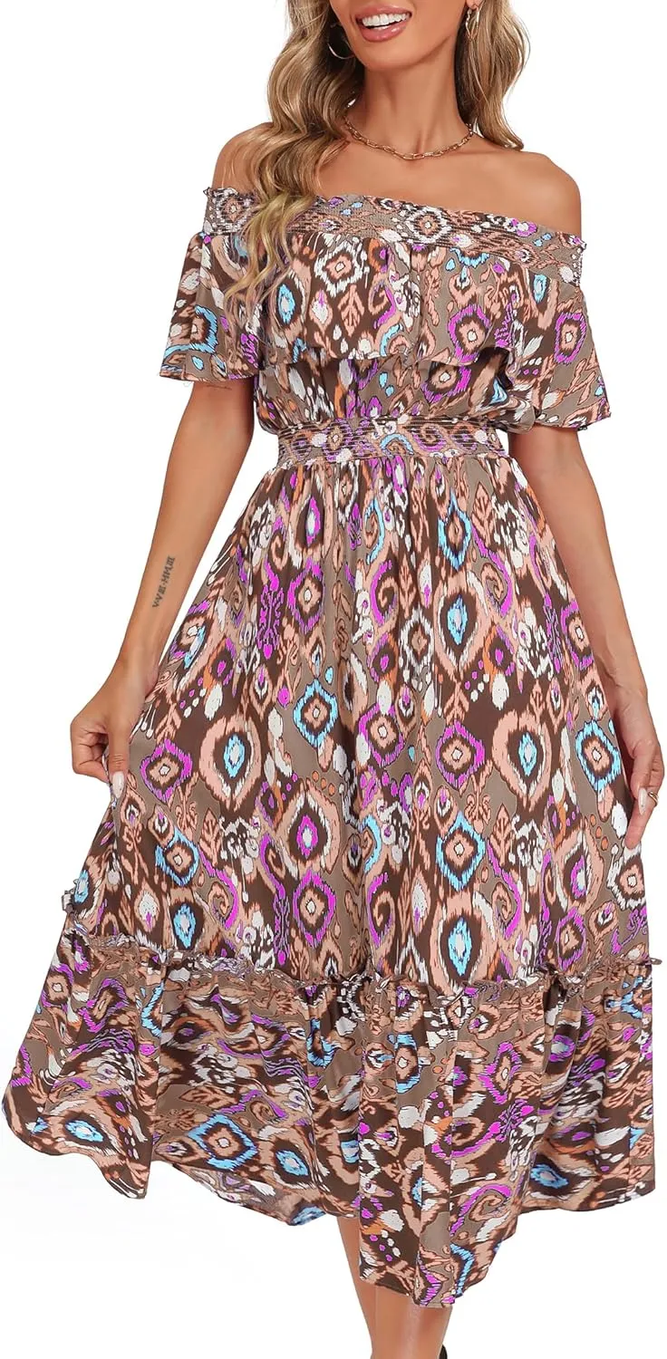 Prettywear Women's 2025 Spring Summer Boho Off Shoulder Midi Dress Floral Short Sleeve A Line Casual Beach Vacation Dresses