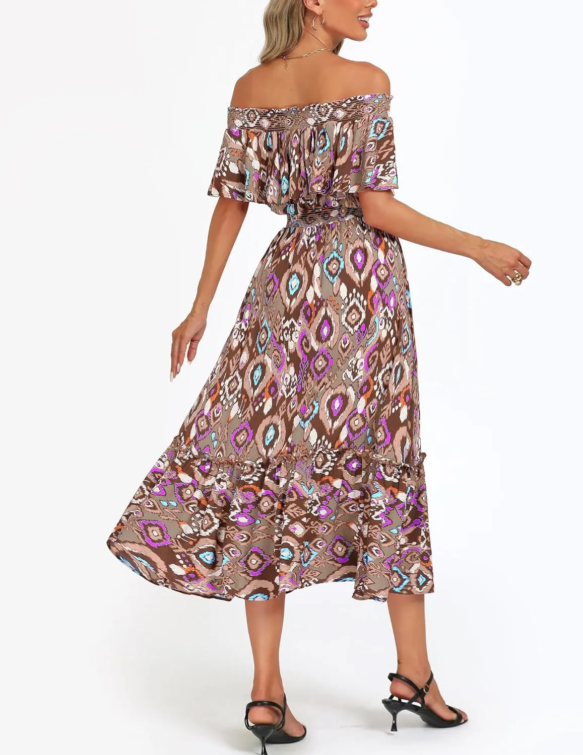 Prettywear Women's 2025 Spring Summer Boho Off Shoulder Midi Dress Floral Short Sleeve A Line Casual Beach Vacation Dresses