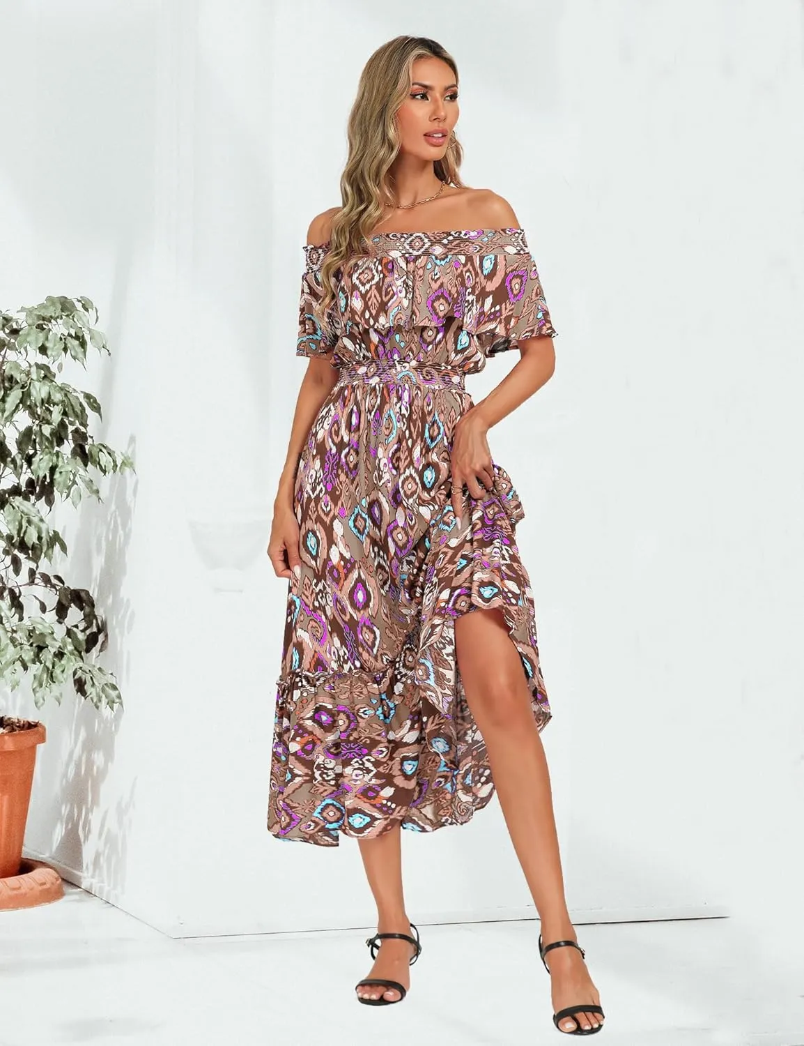 Prettywear Women's 2025 Spring Summer Boho Off Shoulder Midi Dress Floral Short Sleeve A Line Casual Beach Vacation Dresses