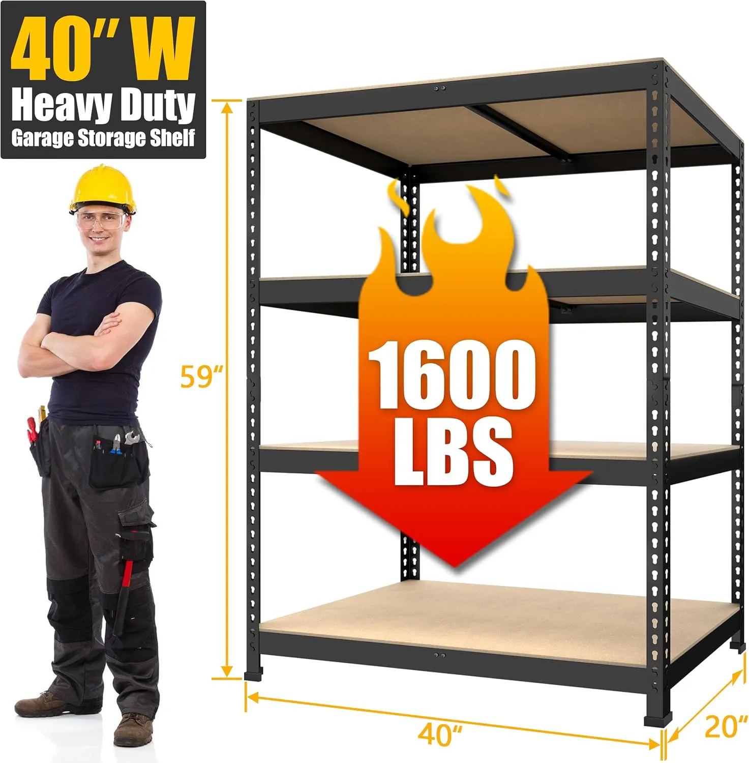 PrimeZone 40" W x 20" D x 59" H Heavy Duty Storage Shelves, 4 Tier Adjustable Garage Shelving Unit, Metal Organizer Shelf Utility Rack for Warehouse Pantry Closet Kitchen, Black