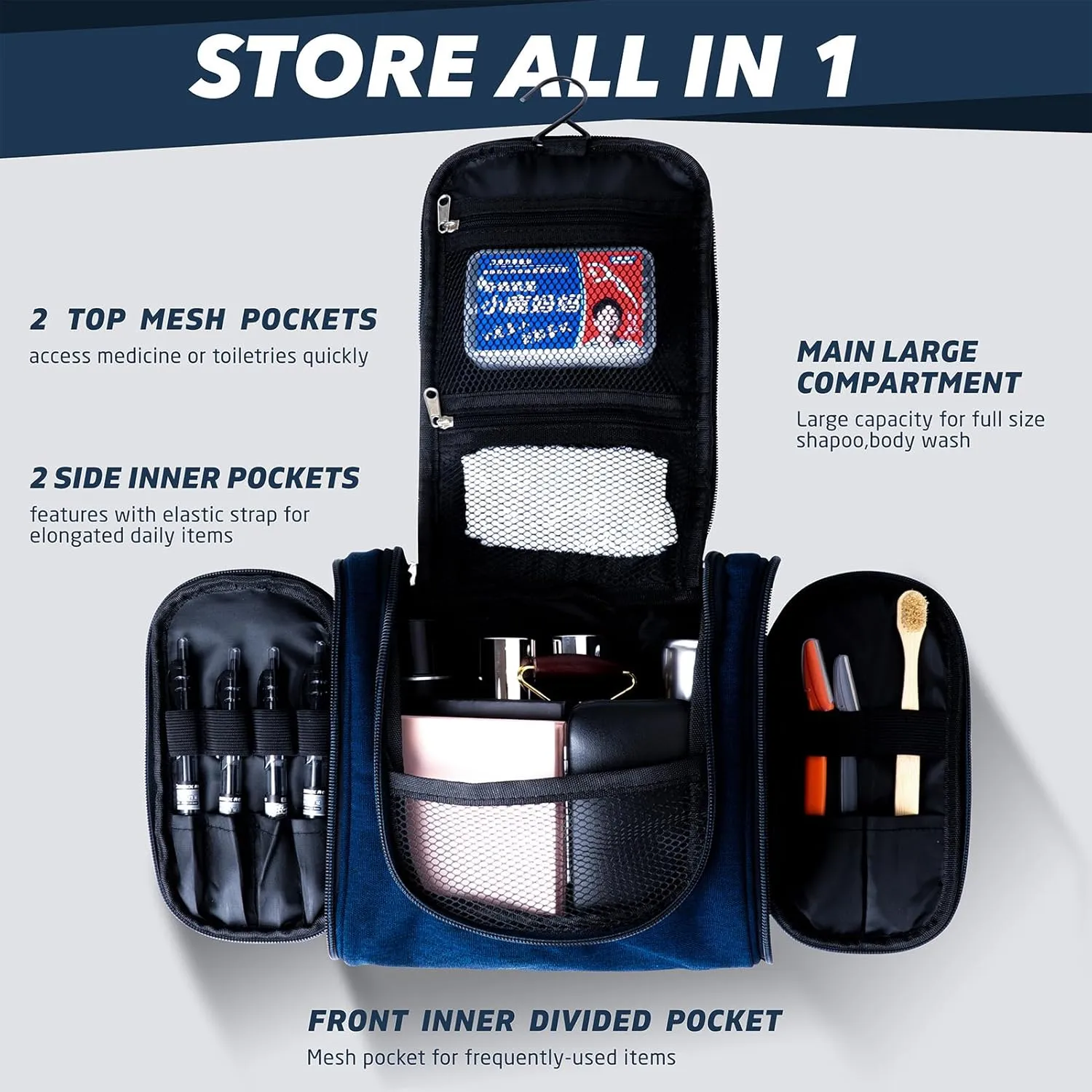 PSBP BEAUTY Men’s Hanging Travel Toiletry Bag, Premium Portable Small Organizer Bag for Traveling Men & Women, for Organizing Toiletries, Travel Essentials, Makeup Products, Bathroom Supplies, Navy