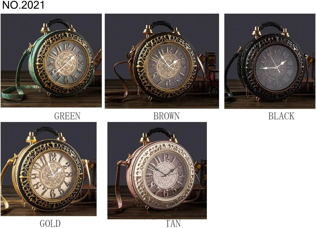 Pu Leather Handbags Fashion Real Clock Shoulder Bag Casual Women Evening Crossbody Bags,Retro Vintage Steampunk Female Messenger Bags for Women Girls (D)