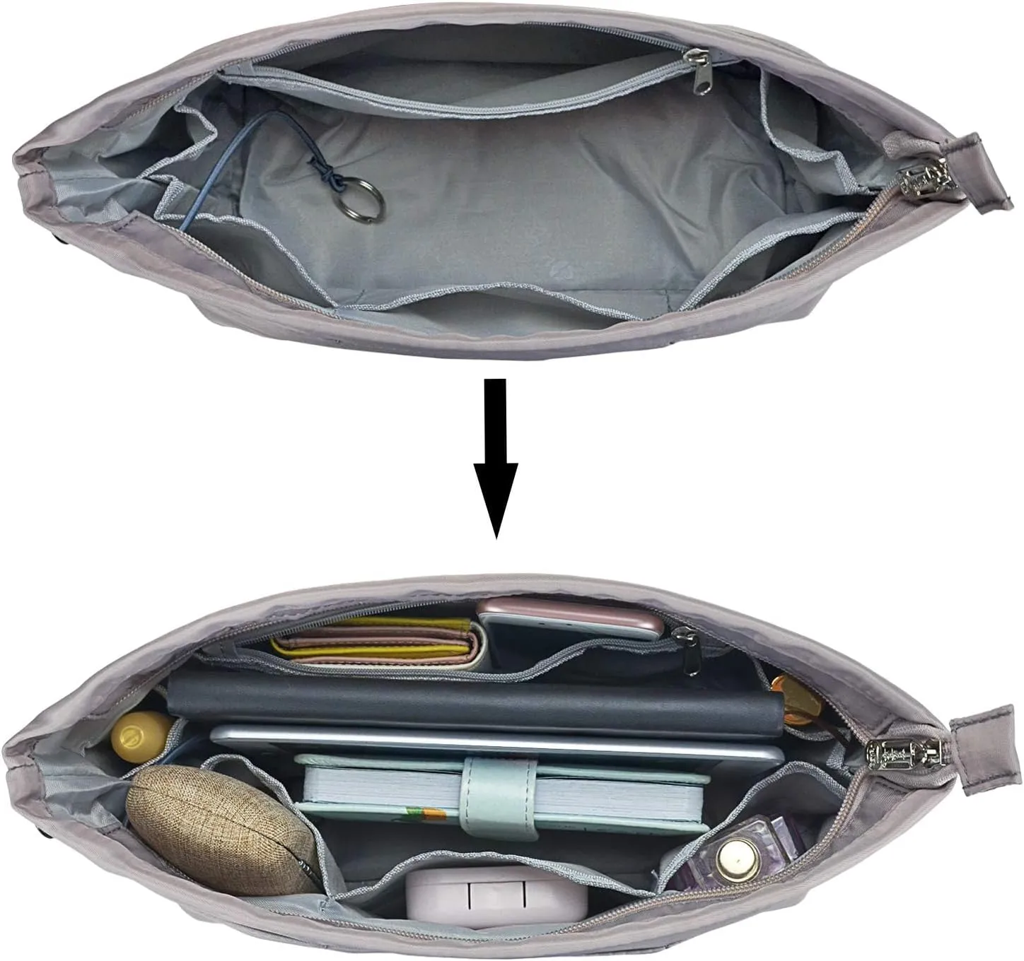 Purse Organizer Insert for Handbags, Nylon Tote Bag Organizer Insert Zipper Bag for Women Grey Small
