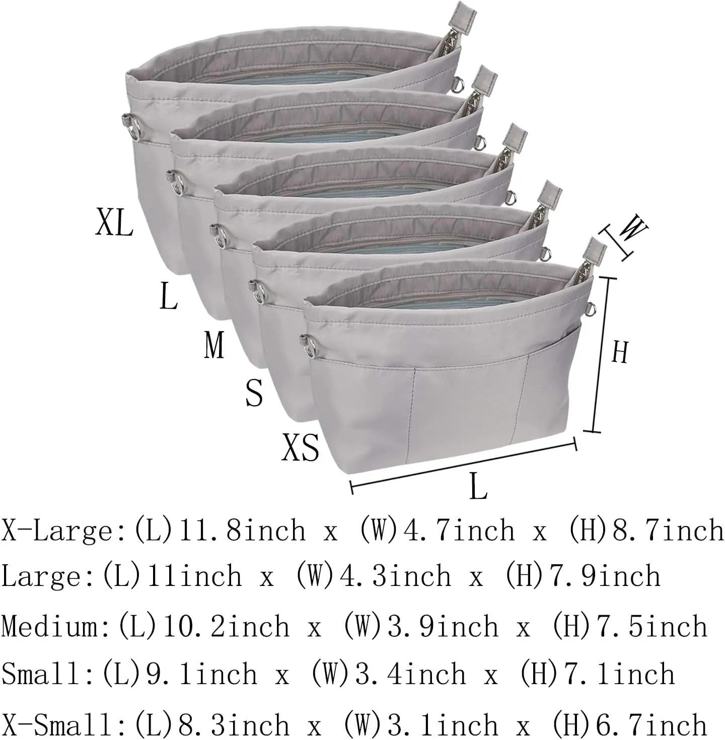 Purse Organizer Insert for Handbags, Nylon Tote Bag Organizer Insert Zipper Bag for Women Grey Small