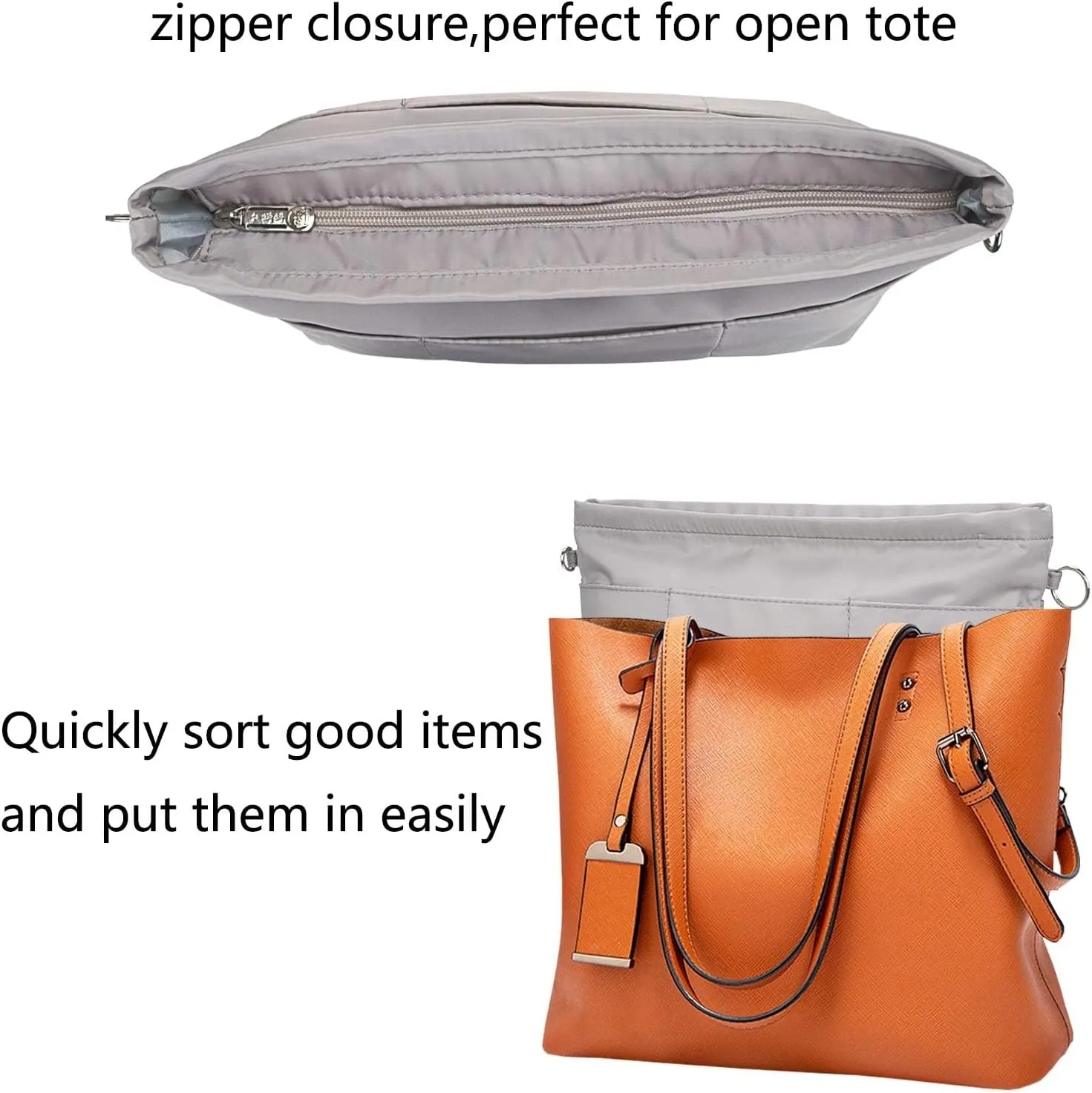 Purse Organizer Insert for Handbags, Nylon Tote Bag Organizer Insert Zipper Bag for Women Grey Small