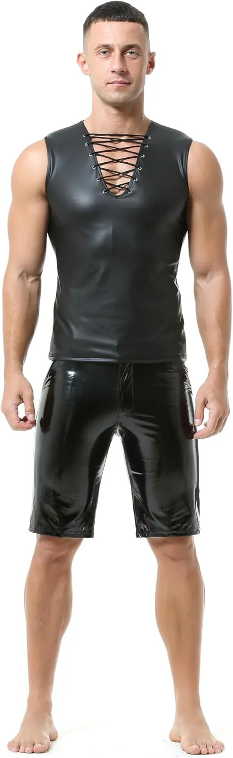 QiaTi Men's Faux Leather Undershirt Wetlook Tank Top Shirt Chest Lace Up Sleeveless Vest Sport Muscle for Men