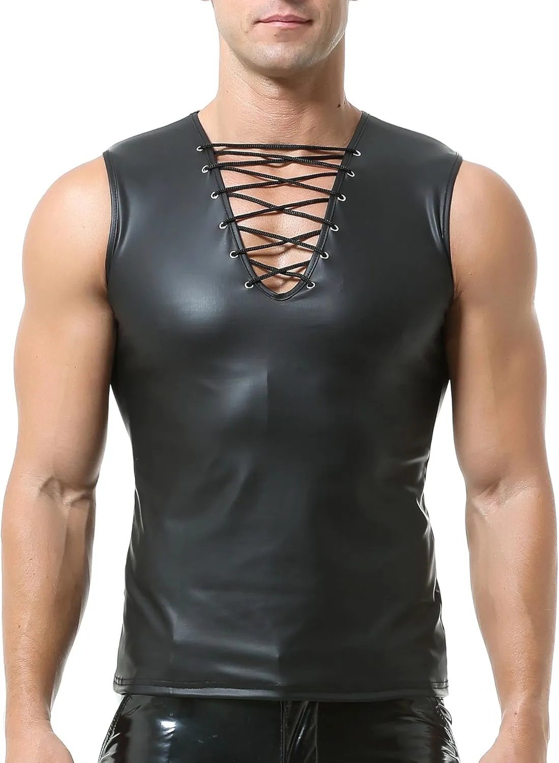 QiaTi Men's Faux Leather Undershirt Wetlook Tank Top Shirt Chest Lace Up Sleeveless Vest Sport Muscle for Men