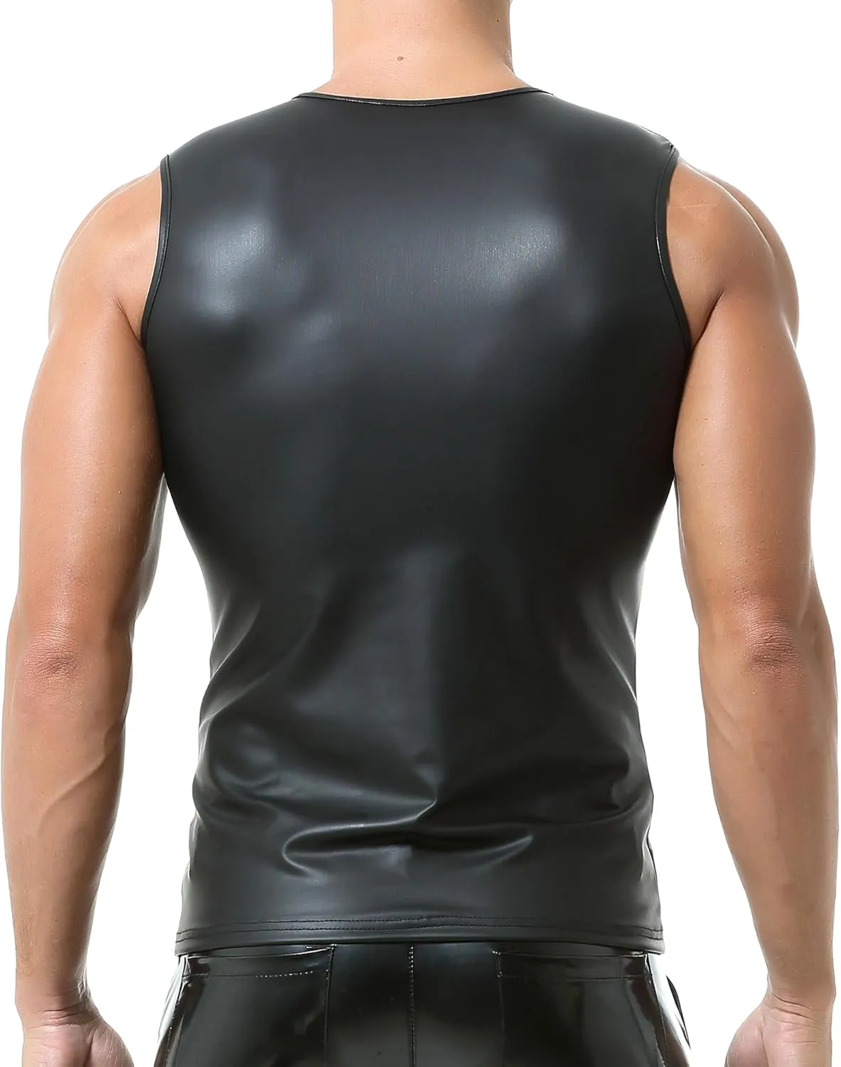 QiaTi Men's Faux Leather Undershirt Wetlook Tank Top Shirt Chest Lace Up Sleeveless Vest Sport Muscle for Men