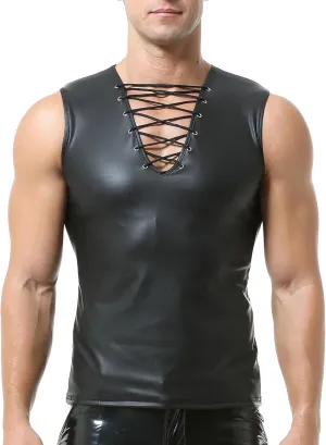 QiaTi Men's Faux Leather Undershirt Wetlook Tank Top Shirt Chest Lace Up Sleeveless Vest Sport Muscle for Men