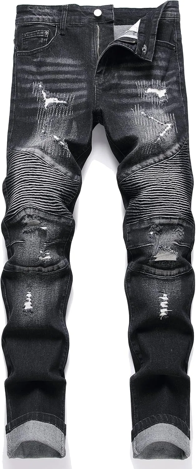 QIMYUM Men's Slim Fit Jeans Ripped Skinny Jeans for Men, Fashion Biker Jeans Stretch Moto Cargo Denim Pants