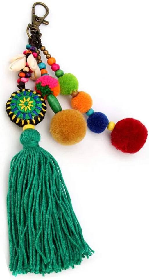 QTMY Pom Pom Shell Beads Tassel Purse Charms for Handbags Pendant Boho Keyring Keychain for Women Bag Decor