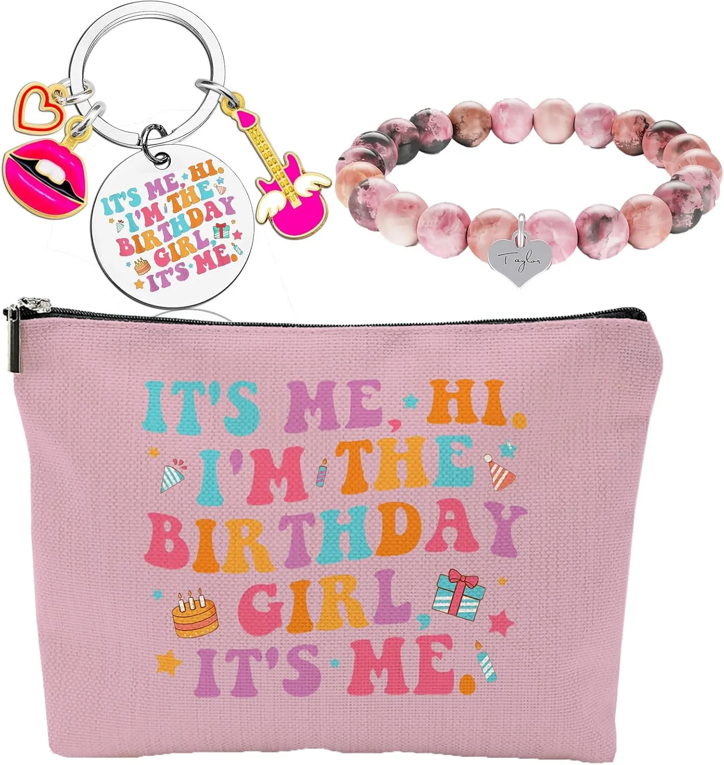 QualityLife Tay Birthday Set With Makeup Bag,Keychain,Bracelet Singer Merch Cosmetic Bag for Music Lovers,Womens Birthday Gifts