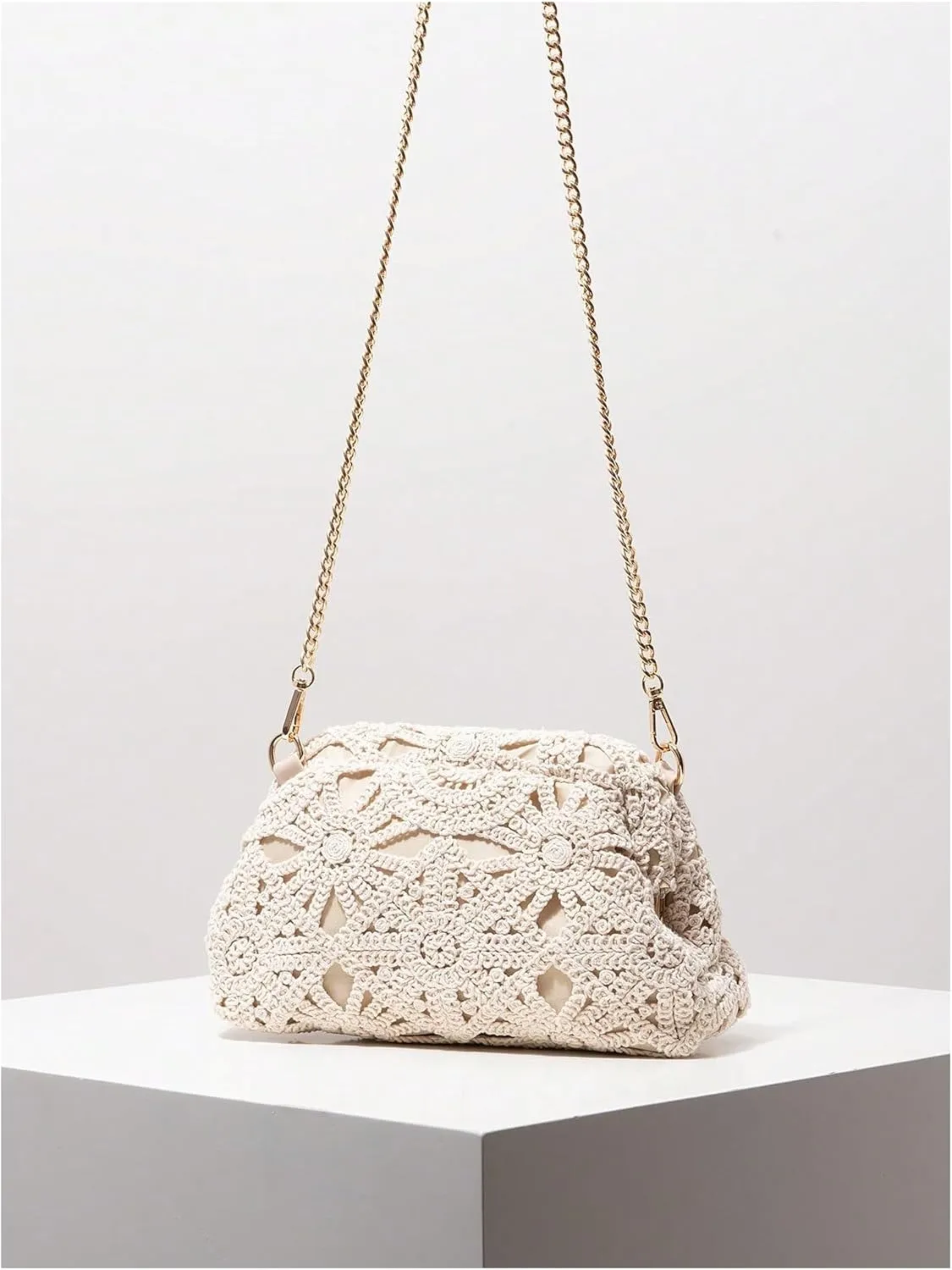 QWINEE Women's Woven Clutch Purse Boho Flower Crochet Shoulder Handbags Knit Dumpling Bag Chain Crossbody Summer Beach Clutch